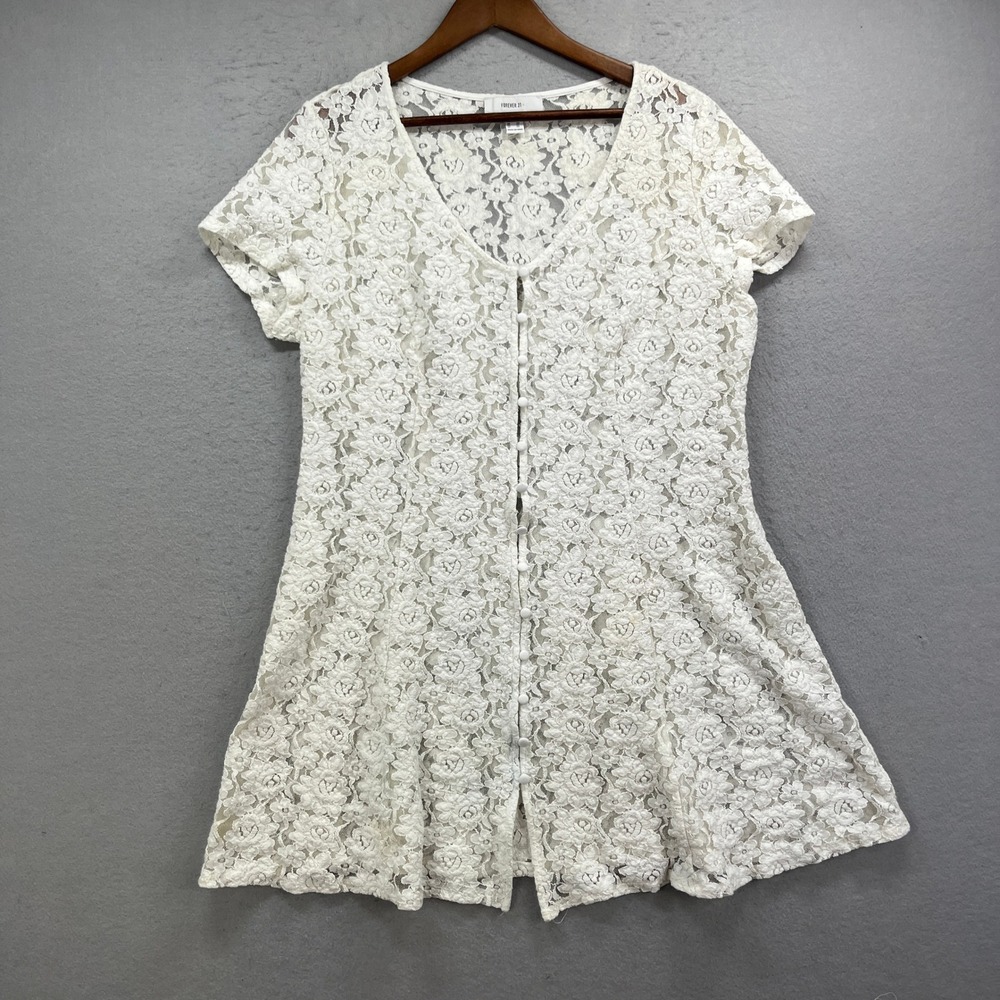 Forever 21 Top Womens 2X White Floral Lace Button Up Cottagecore Coquette Boho